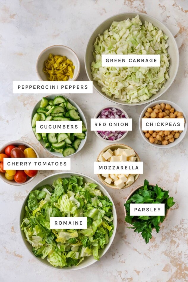 Ingredients measured out to make an Italian chopped salad: cabbage, pepperocini peppers, cucumber, red onion, chickpeas, mozzarella, cherry tomatoes, romaine and parsley.
