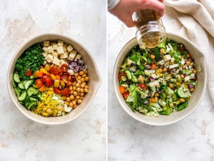 Side by side photos of a mixing bowl. Photo one is of ingredients for an Italian chopped salad in a bowl before being mixed. Photo two is a person pouring Italian dressing over the tossed salad.