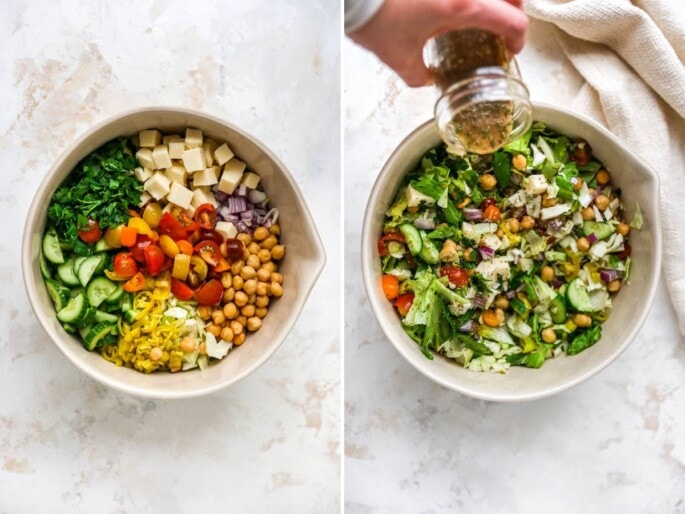 Side by side photos of a mixing bowl. Photo one is of ingredients for an Italian chopped salad in a bowl before being mixed. Photo two is a person pouring Italian dressing over the tossed salad.