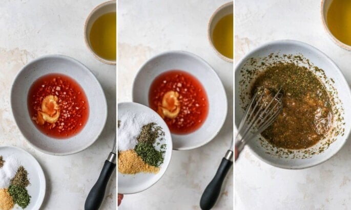Three photos showing the steps to whisk together ingredients and spices for homemade Italian dressing.