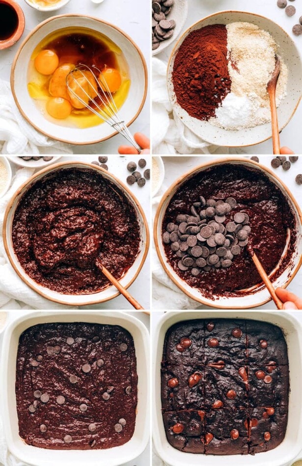 Collage of six photos showing the steps of making lactation brownie batter and then baking the brownies.