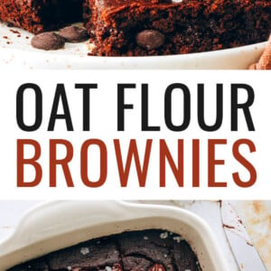 Oat Flour Brownies stacked on a plate. Photo below is of a pan of the oat flour brownies.