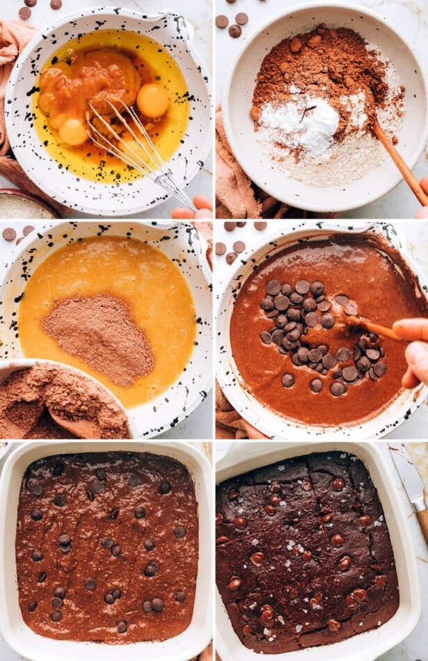 Collage of six photos showing the steps of making oat flour brownie batter and then baking the brownies.