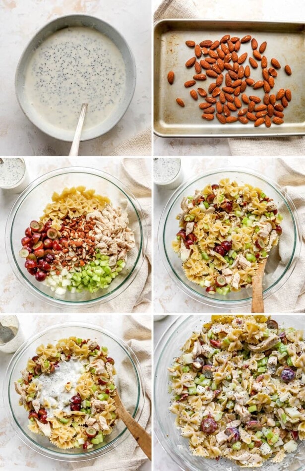 Collage of six photos showing the steps to make Poppyseed Chicken Pasta Salad, from making the dressing, toasting the almonds, and then tossing all of the ingredients and dressing together in a bowl.