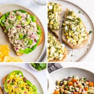 Collage of 4 photos featuring different types of protein salads.