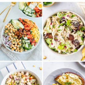 Collage of 4 photos featuring different types of protein salads.