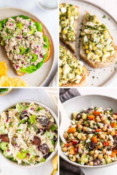 Collage of four photos: tuna salad, avocado egg salad, Greek yogurt chicken salad and Greek chickpea salad.