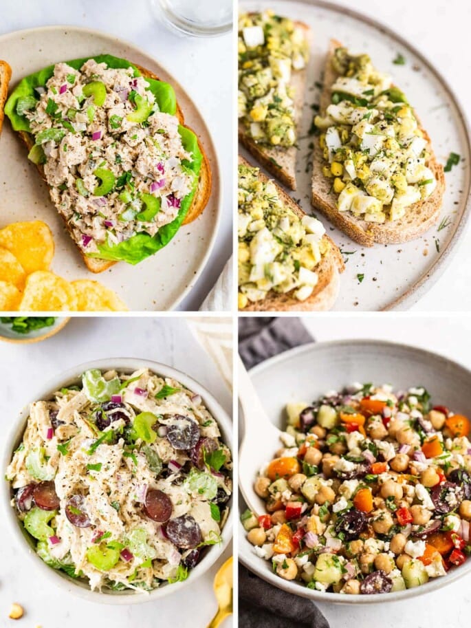Collage of four photos: tuna salad, avocado egg salad, Greek yogurt chicken salad and Greek chickpea salad.