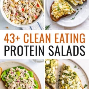 Collage of 8 photos featuring different types of protein salads.