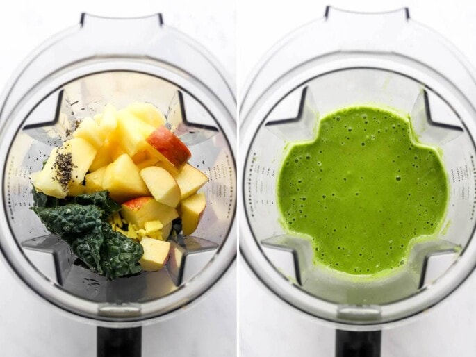 Side by side photos of a blender with the ingredients to make a green smoothie, before and after being blended.