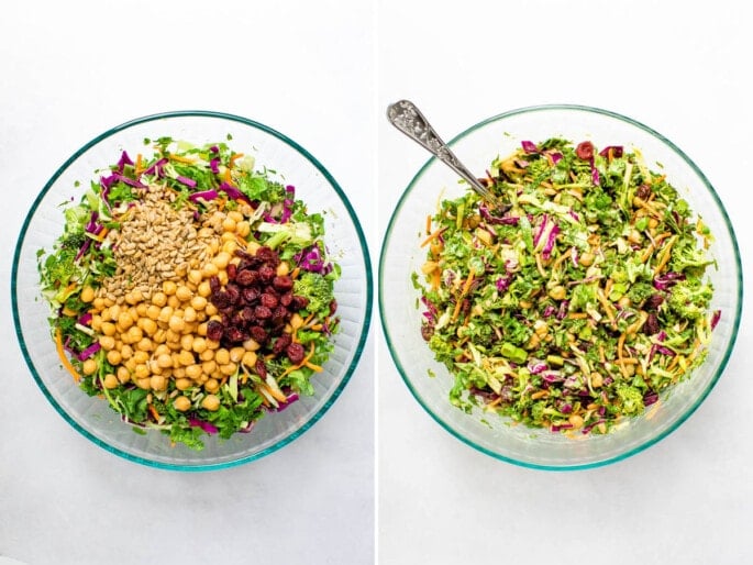 Side by side photos of ingredients in a bowl to make a sunflower crunch salad, before and after tossing the ingredients with dressing.