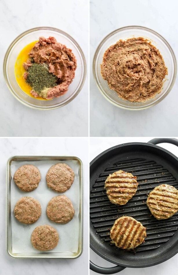 Collage of four photos, showing making a turkey burger mixture, forming into patties and then grilling the burgers.