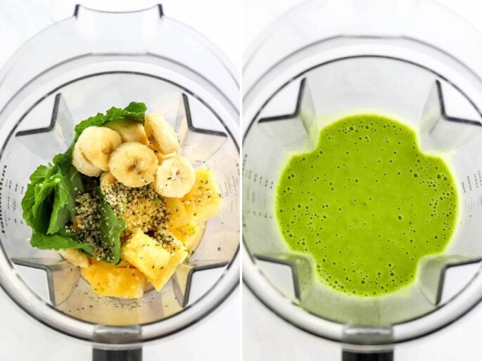 Side by side photos of a blender, with the ingredients to make a vitamin c smoothie, before and after blending.