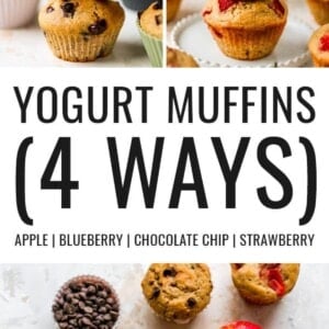 Photos of 4 different yogurt muffins: apple, blueberry, chocolate chip and strawberry.