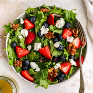 A bowl with summer berry salad. A fork rests on bowl.