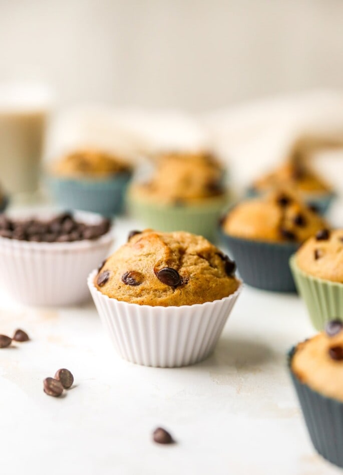 A chocolate chip yogurt muffin in a silicone liner.