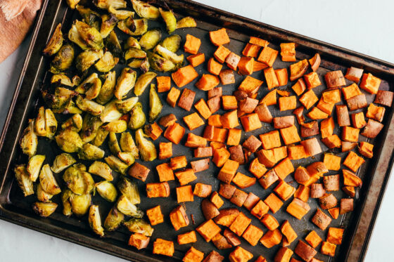 Roasting brussels sprouts and sweet potato.