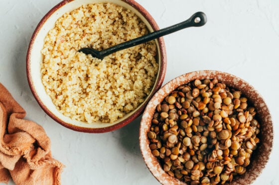 A bowl of lentils and quinoa.
