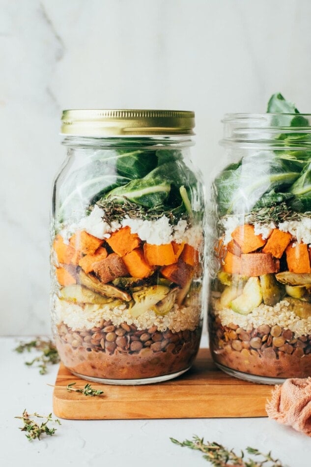 Ingredients for sweet potato lentil mason jar salad layered in a jar.