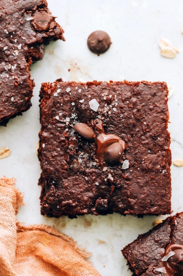 An oat flour brownie square topped with sea salt.