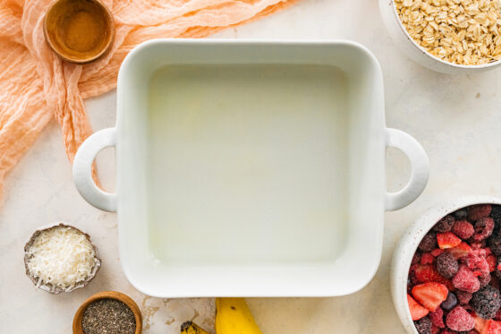 A greased square baking dish.