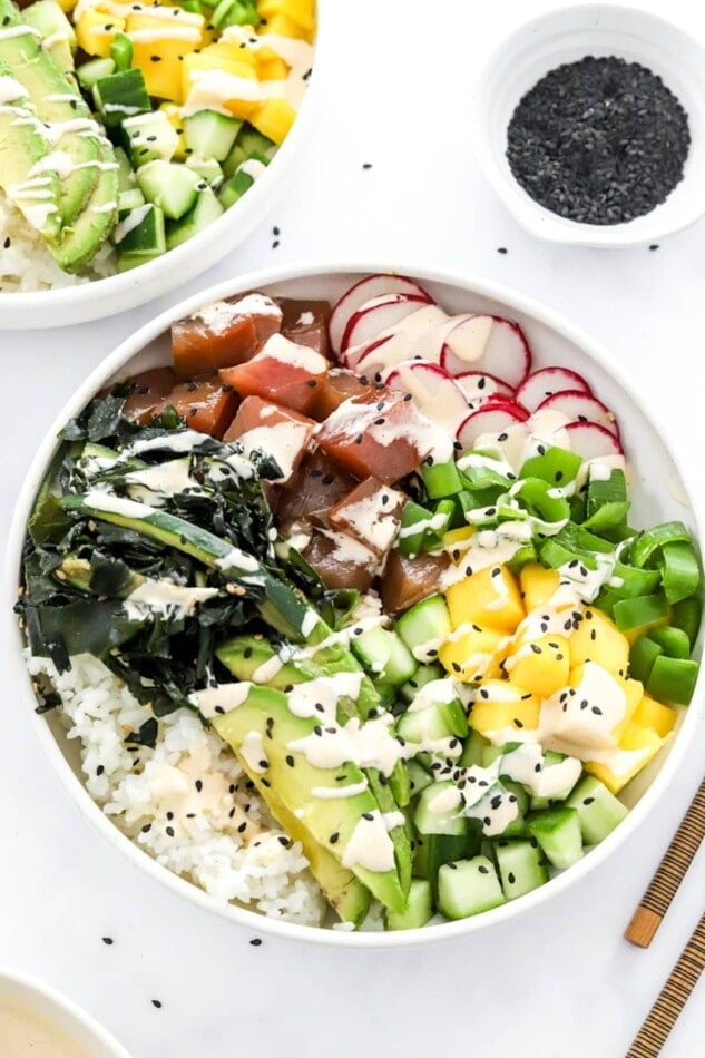 Overhead photo of poke bowl.