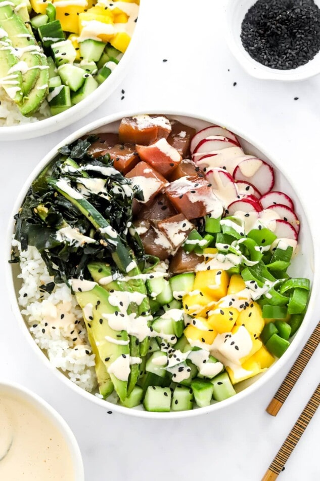 Overhead photo of poke bowl.