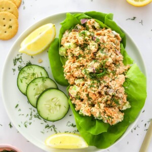 Overhead photo of salmon salad served over bib lettuce on a plate.