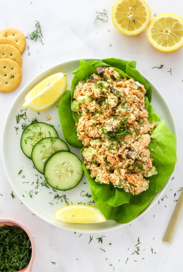 Overhead photo of salmon salad served over bib lettuce on a plate.