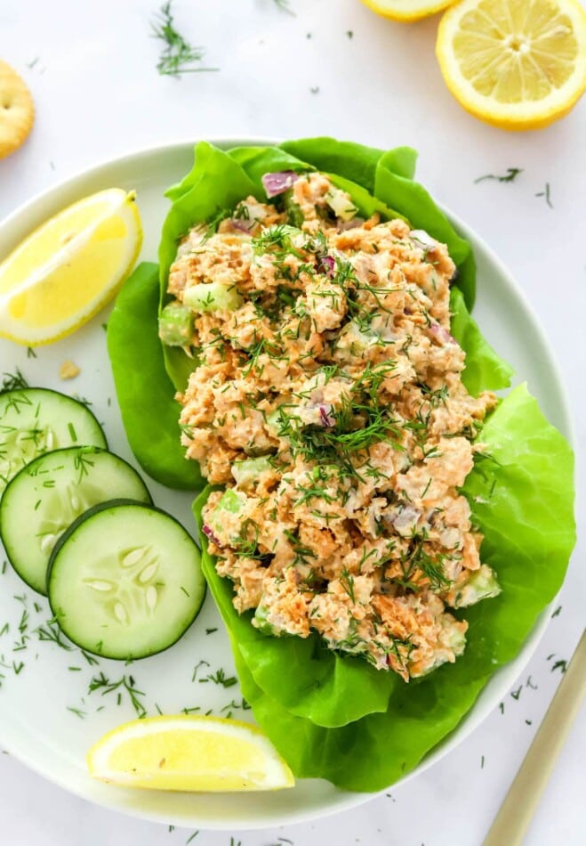 Overhead photo of salmon salad served over bib lettuce on a plate.