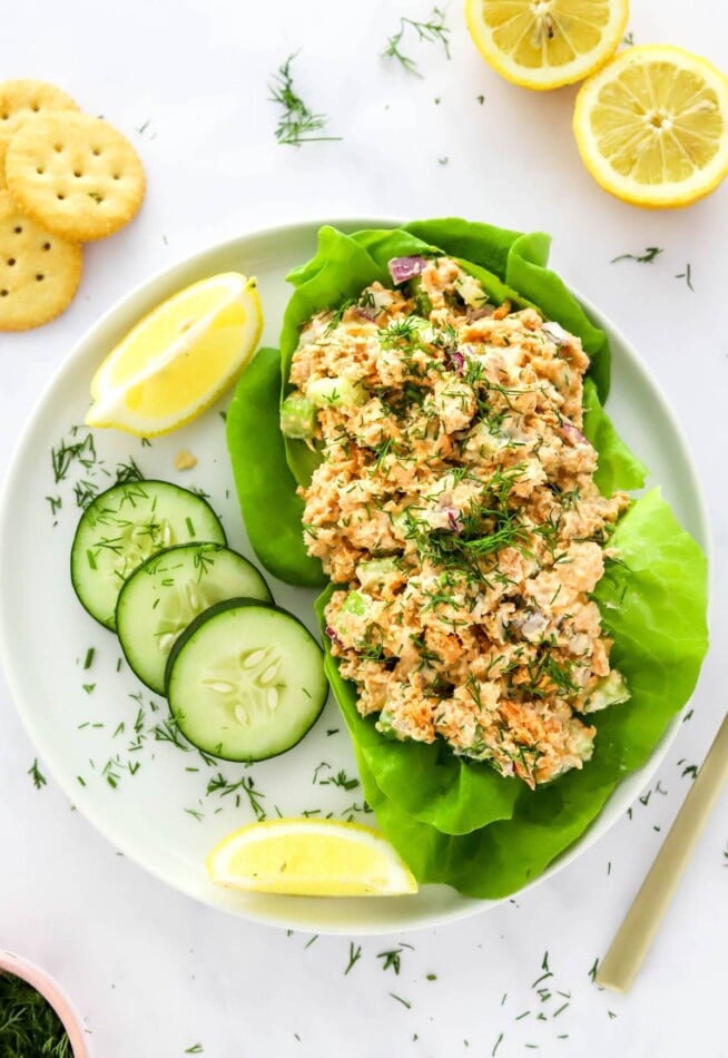 Overhead photo of salmon salad served over bib lettuce on a plate.