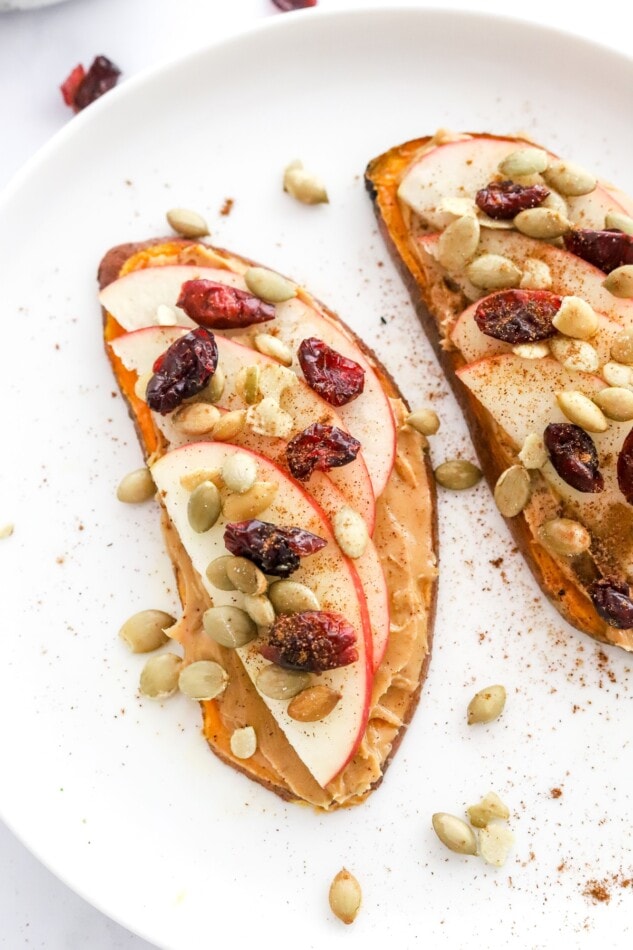 Close up of apple harvest sweet potato toast on a plate.