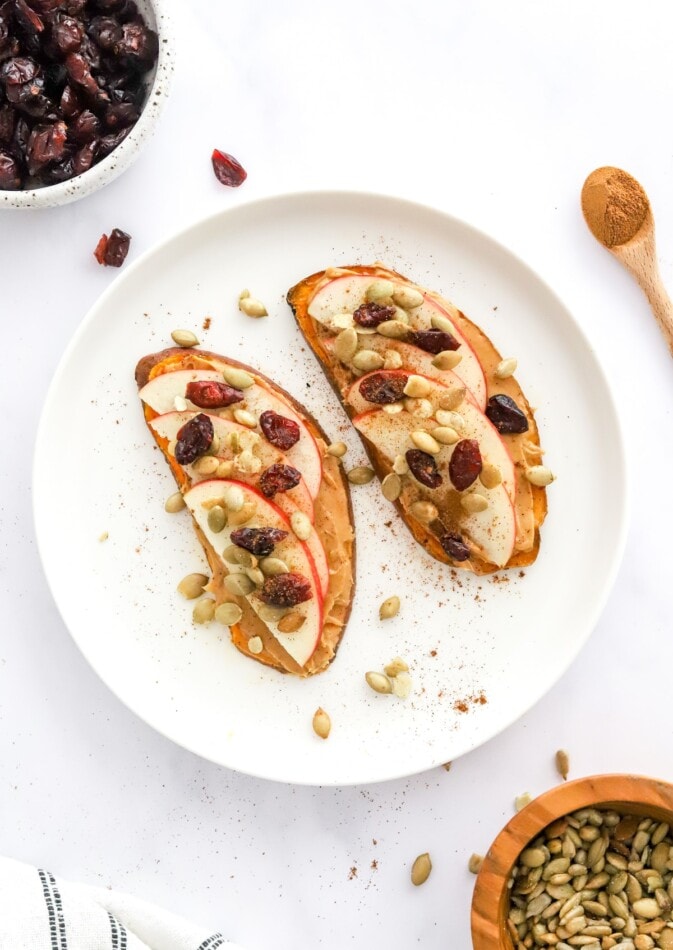 Apple Harvest sweet potato toast on a plate.