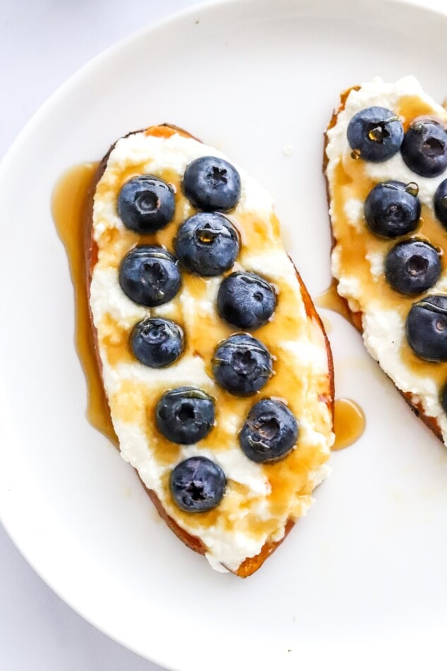 Close up of blueberry ricotta sweet potato toast.
