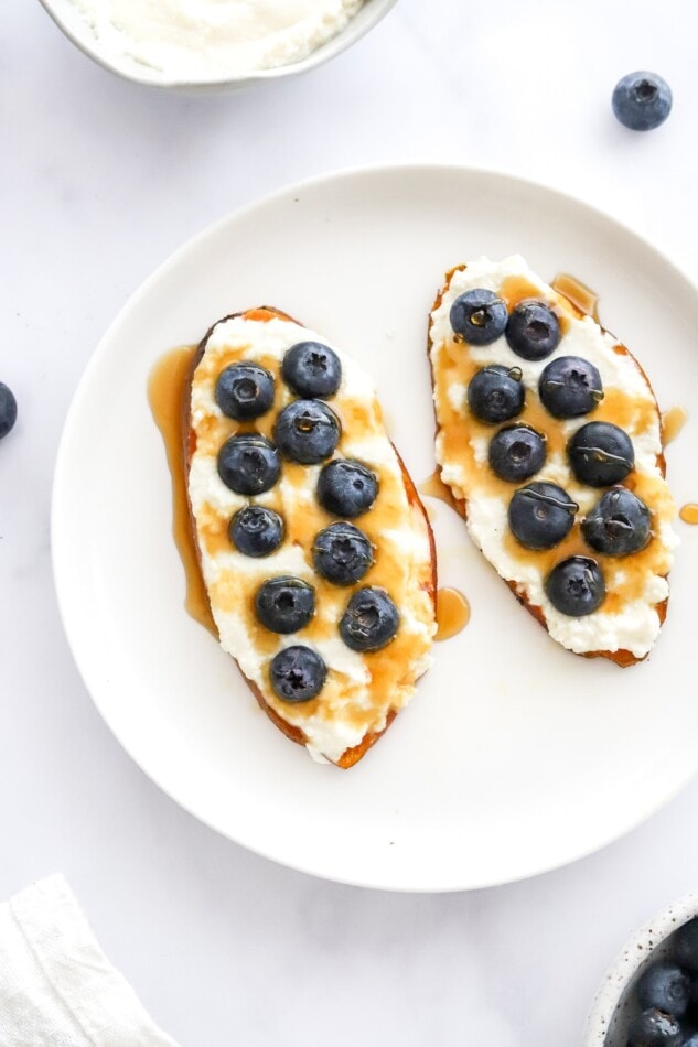 Close up of blueberry ricotta sweet potato toast.