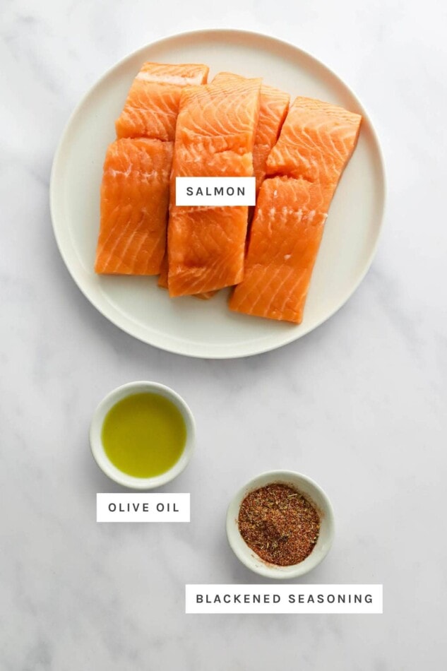 Ingredients measured out to make blackened salmon: salmon, olive oil and blackened seasoning.