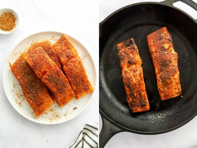 Side by side photos of salmon filets with blackening seasoning on them, before and after being cooked in a skillet,
