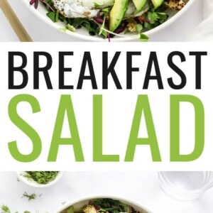 Salad topped with sunny-side-up eggs and avocado.