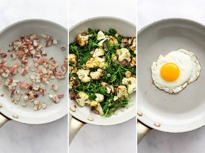 Three photos: sautéed onions in a pan, sautéed greens and cauliflower in a pan, and finally a sunny-side-up egg in a pan.