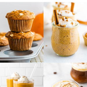 Collage of four pumpkin photos: pumpkin muffins, pumpkin chia pudding, pumpkin smoothie and PSL.