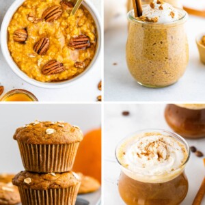 Collage of four pumpkin photos: pumpkin oatmeal, pumpkin chia pudding, pumpkin muffins and PSL.