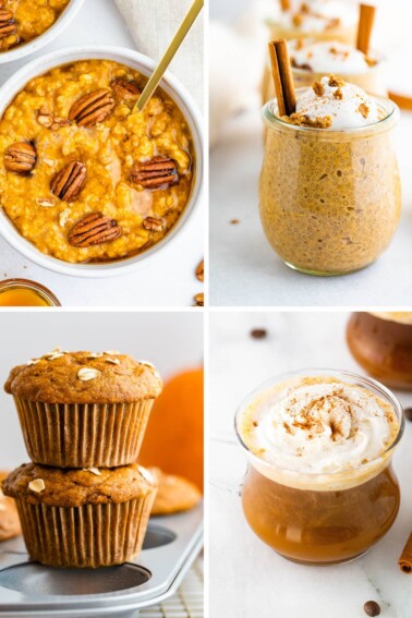Collage of four pumpkin photos: pumpkin oatmeal, pumpkin chia pudding, pumpkin muffins and PSL.