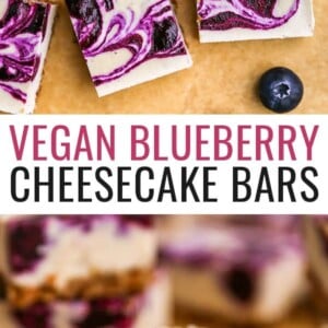 Blueberry swirled cheesecake bars on parchment paper surrounded by blueberries. Photo below is of a bar with a bite taken from it.