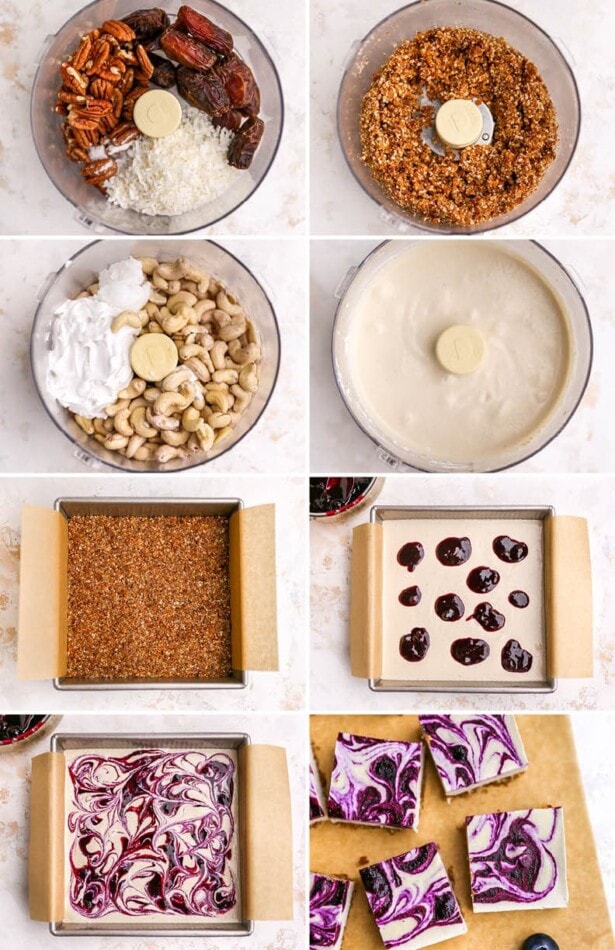 Collage of 8 photos showing the steps to make vegan blueberry cheesecake bars: making the crust, creamy filling and swirling in blueberry puree.