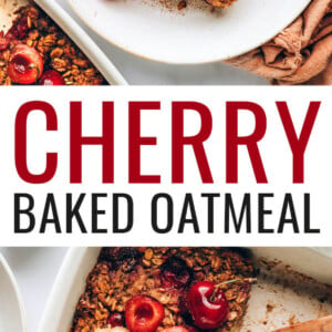 Slice of cherry baked oatmeal on a plate. Photo below is of the baking dish of cherry baked oatmeal.
