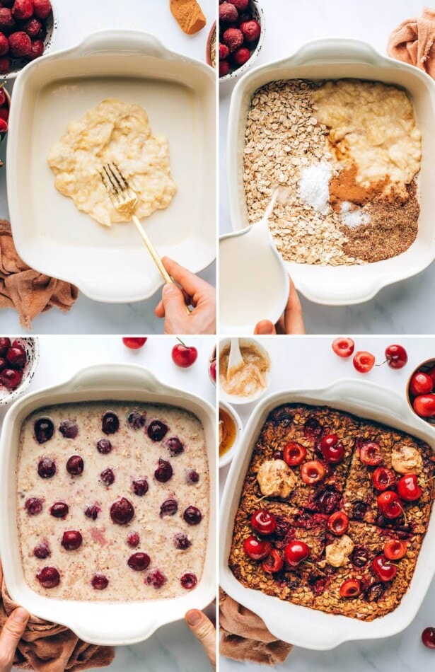 Collage of four photos showing the steps to make cherry baked oatmeal: mashing banana in the bottom of a baking dish, adding in the oats, spices and almond milk, adding the frozen cherries on top, and then baking the oatmeal and topping with cherries and nut butter.