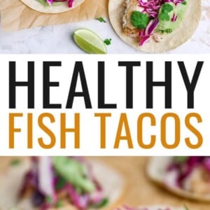 Fish tacos topped with slaw and avocado crema.