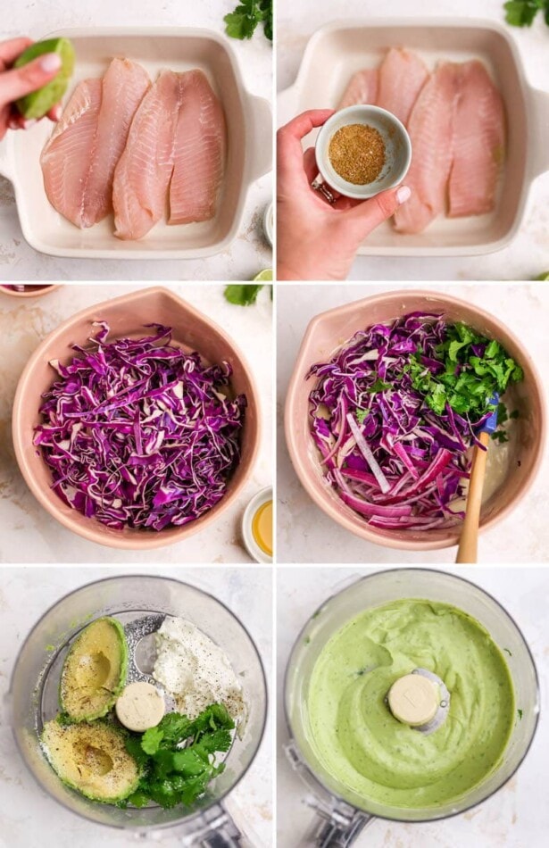 Collage of six photos: two of seasoning tilapia for fish tacos, two of making the slaw and two of making an avocado crema sauce.