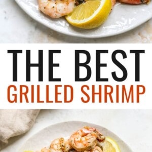 Plate of grilled shrimp garnished with lemon slices.