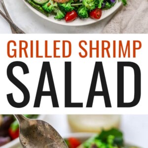 Salad topped with grilled shrimp, quinoa, tomatoes, avocado, cucumber and cabbage.